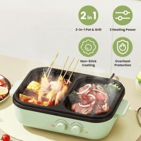 2-in-1 Electric Hot Pot and Grill Combo, Dual Separate Temperature Control, Non-Stick Die-Cast Aluminum, Overheat Protection