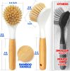 3 Pack Dish Brush Set with Bamboo Handle, Kitchen Brushes for Cleaning Pot, Sink and Stove