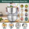 Mixing Bowls with Airtight Lids, Stainless Steel Mixing Bowl Set with 3 Metal Nesting Bowls, Colander & Grater, Non-Slip Bottoms, Size 1.5, 2.5, 5 QT
