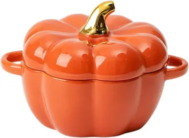 Pumpkin Bowl Set with Lid and Handle, 14 Oz Ceramic Ramekins for Baking, Casserole Dish Individual Severing Pot, Stoneware, Oven Safe