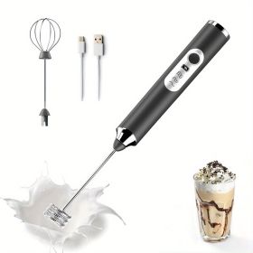 Handheld, USB-Rechargeable Milk Frother With 2pcs Stainless Whisk Heads; 3-Speed Adjustable (Color: Black)